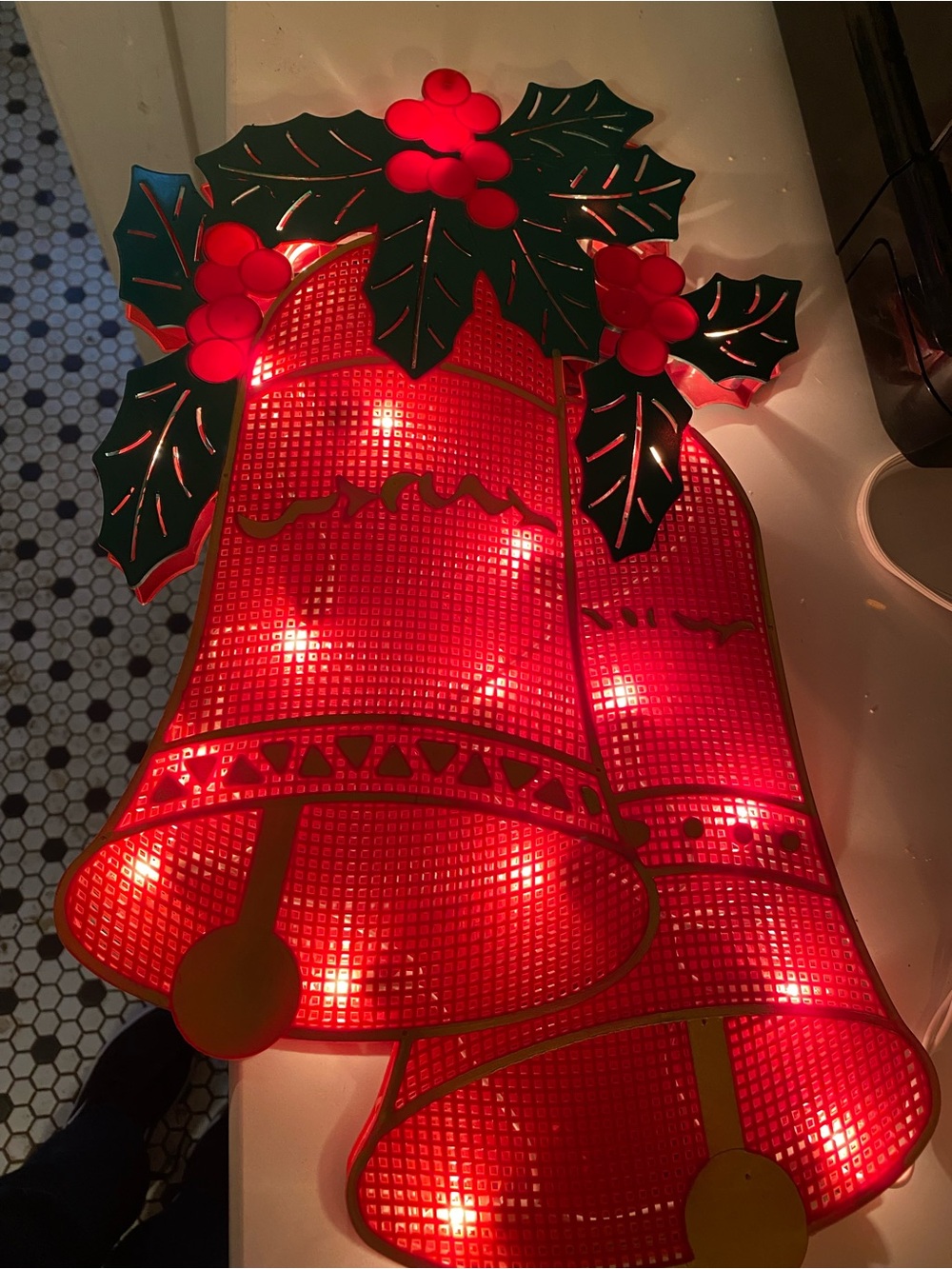 Vintage Red Bell Holiday Light with Green Holly Accents